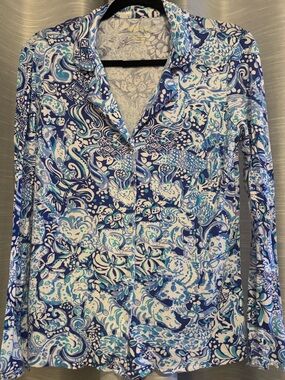 Lilly Pulitzer PJ Button Up Top Blue Teal Violet Print Ruffle Soft Top Small